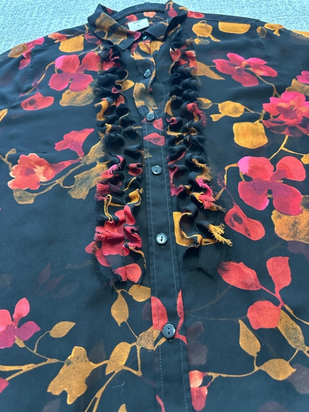 Gabi Sheer Floral Blouse Black Red Gold Ruffle Button Down Top Y2K Fall - Picture 12 of 15
